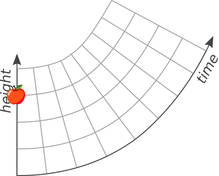 Apple falling according to general relativity, following a straight path in distorted spacetime