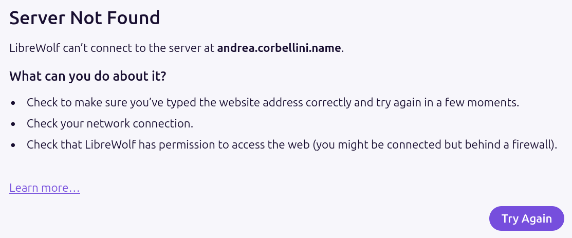 Server Not Found error from LibreWolf